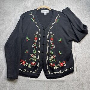 Vintage Black Embroidered Floral Holiday Cardigan Beaded Trim Women's Large‎